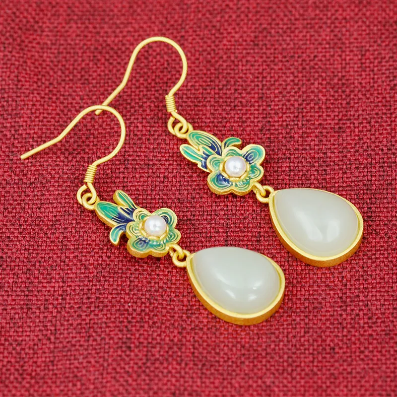 HENGTAIZHUBAO Hetian Jade Earrings Pale Greenish White Jade Women's-1