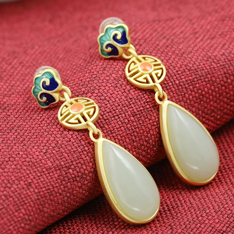 Heng Tai Jewelry Hetian Jade Earrings Pale Greenish-White Jade Women's-1
