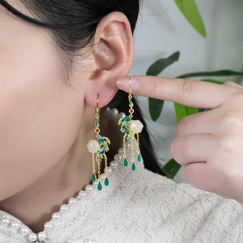 HENGTAIZHUBAO Hetian Jade Earrings Pale Greenish White Jade Women's-5