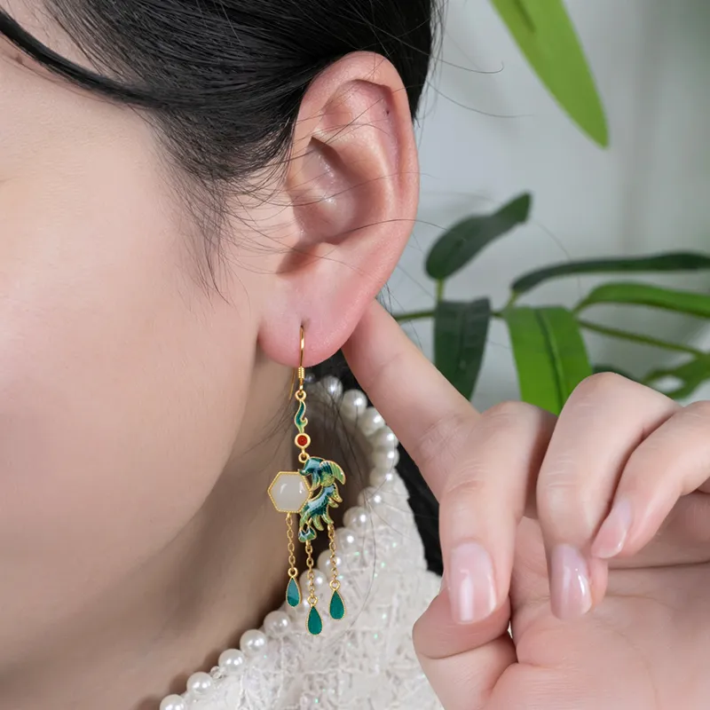 HENGTAIZHUBAO Hetian Jade Earrings Pale Greenish White Jade Women's-4