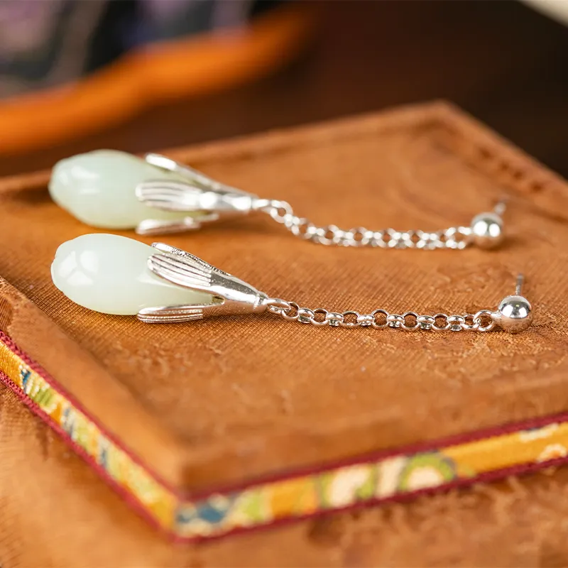 HENGTAIZHUBAO Hetian Jade Earrings Pale Greenish White Jade Women's-1