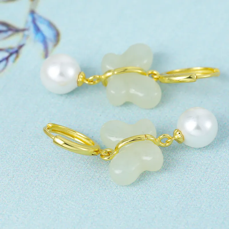 HENGTAIZHUBAO Hetian Jade Earrings Pale Greenish White Jade Women's-3