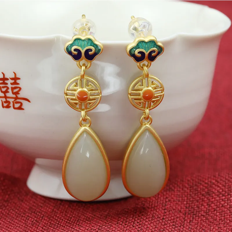 Heng Tai Jewelry Hetian Jade Earrings Pale Greenish-White Jade Women's-3