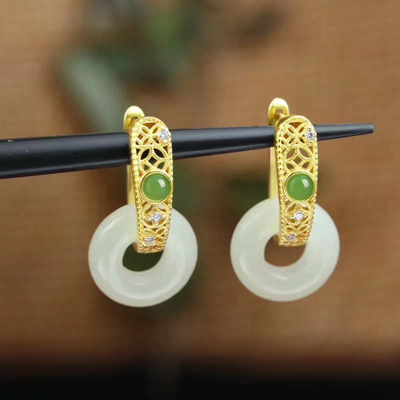Heng Tai Jewelry Hetian Jade Earrings Pale Greenish White Jade Women's-1