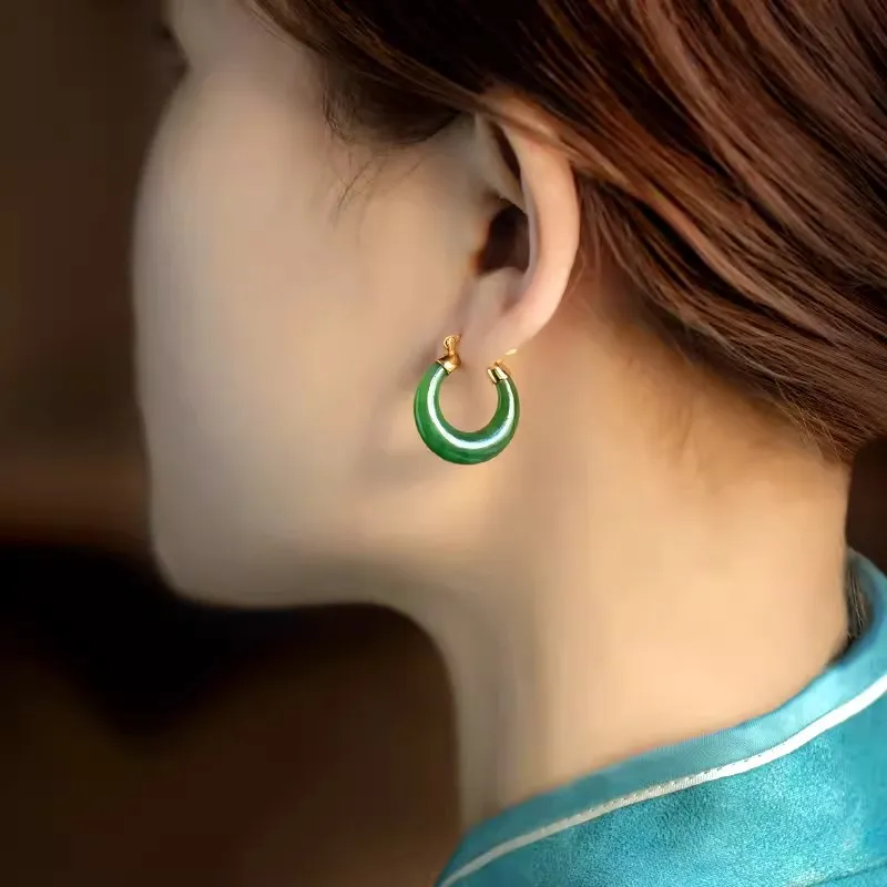 HENGTAIZHUBAO Hetian Jade Earrings Green Jade Women's-1