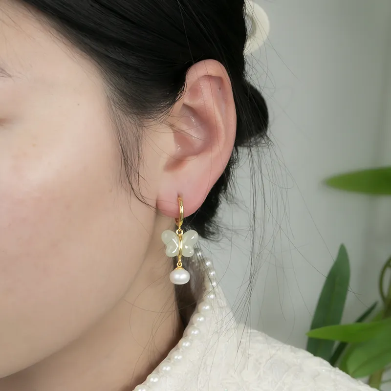 HENGTAIZHUBAO Hetian Jade Earrings Pale Greenish White Jade Women's-5