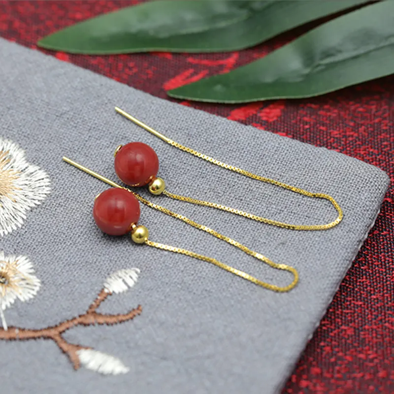 HENGTAIZHUBAO Cinnabar S925 Silver Hoop Earrings Women's-2