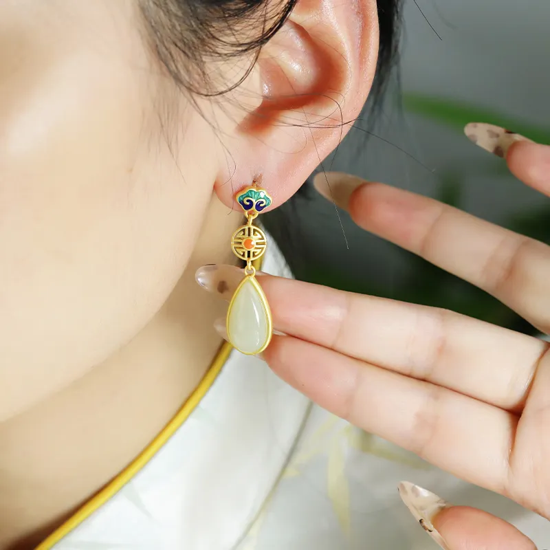 Heng Tai Jewelry Hetian Jade Earrings Pale Greenish-White Jade Women's-5
