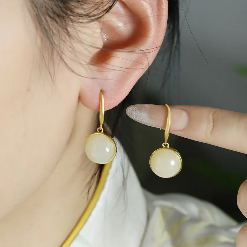 Heng Tai Jewelry Hetian Jade Earrings Green Jade Women's-5