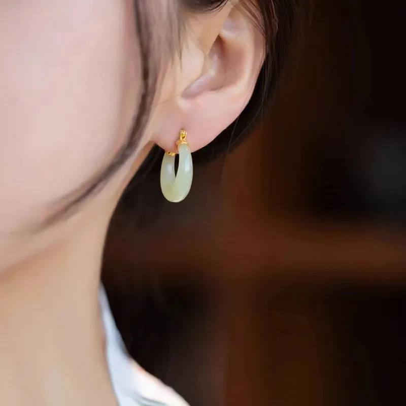 HENGTAIZHUBAO Hetian Jade Earrings Green Jade Women's-3