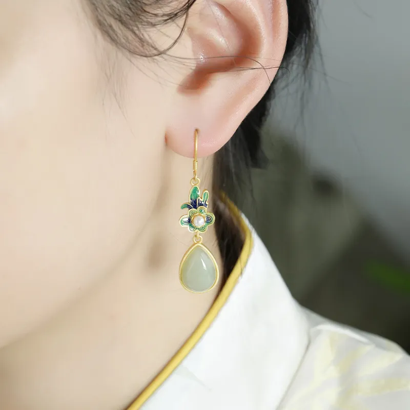 HENGTAIZHUBAO Hetian Jade Earrings Pale Greenish White Jade Women's-4