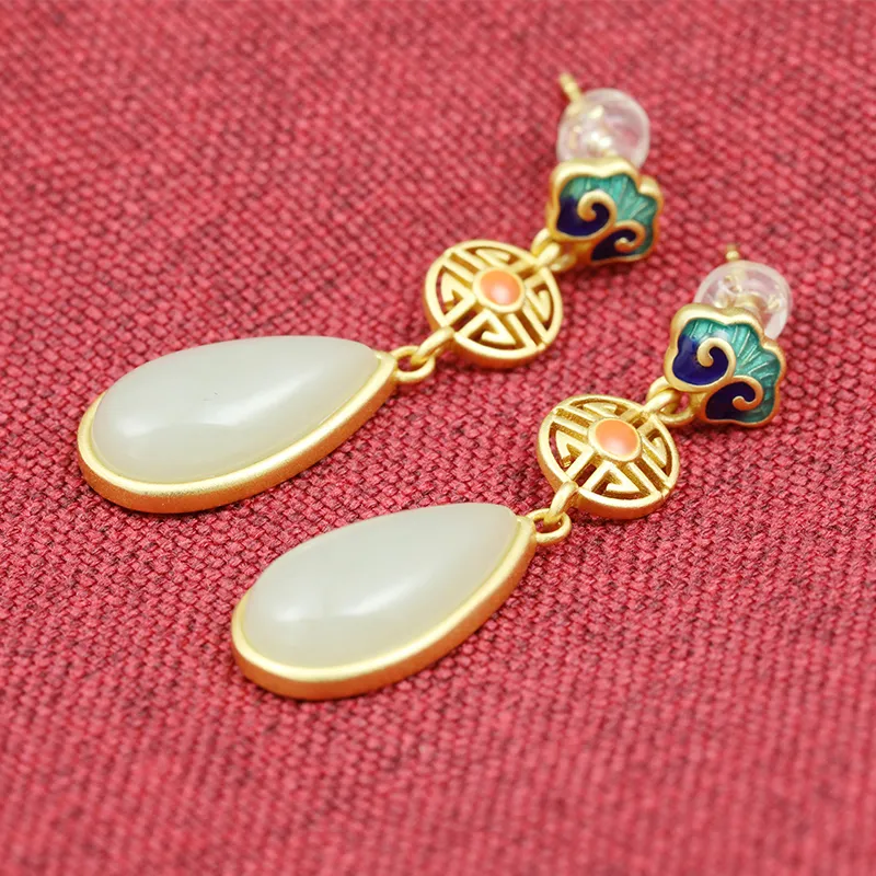 Heng Tai Jewelry Hetian Jade Earrings Pale Greenish-White Jade Women's-2