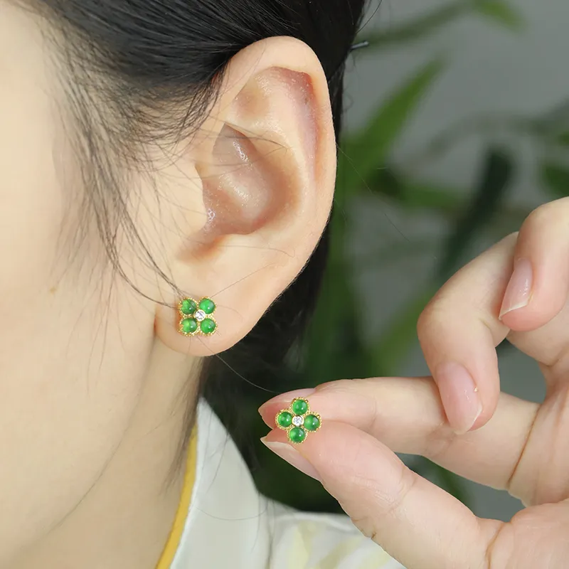 Heng Tai Jewelry Ice Type Jadeite Stud Earrings Women's-5