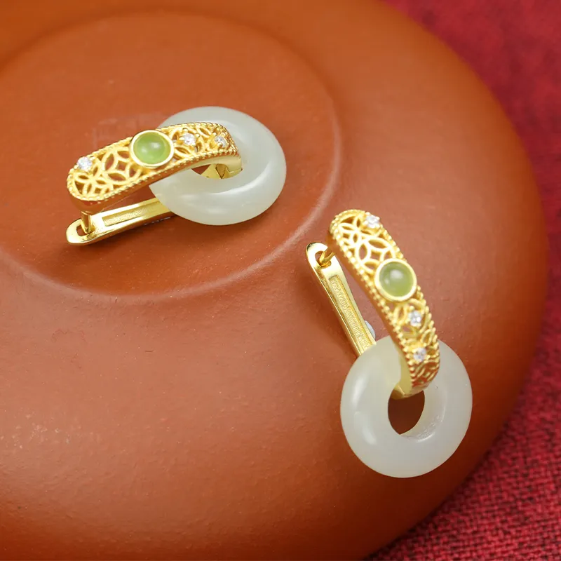 Heng Tai Jewelry Hetian Jade Earrings Pale Greenish White Jade Women's-3