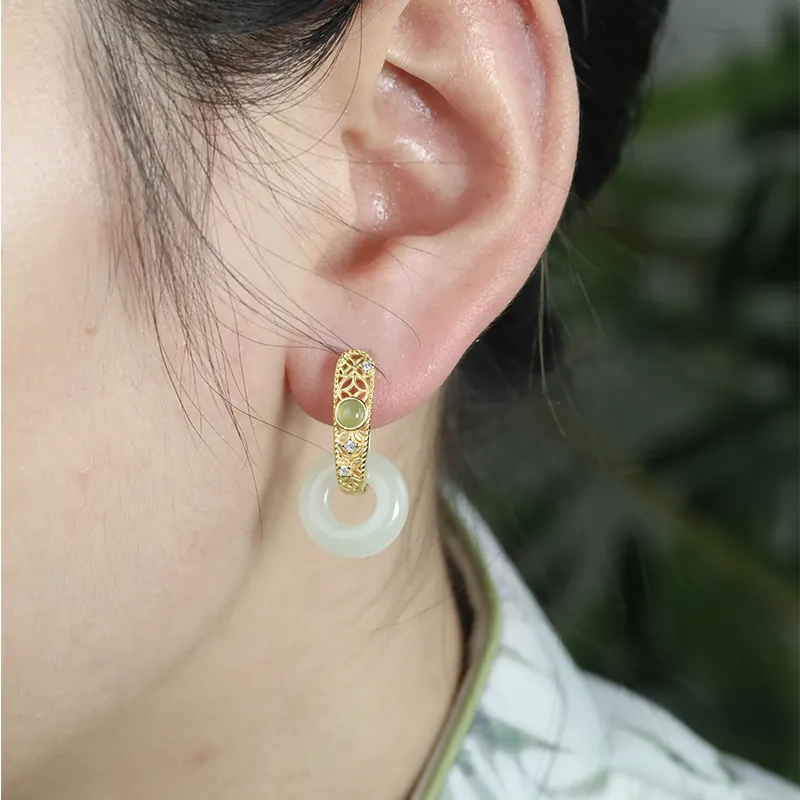Heng Tai Jewelry Hetian Jade Earrings Pale Greenish White Jade Women's-4