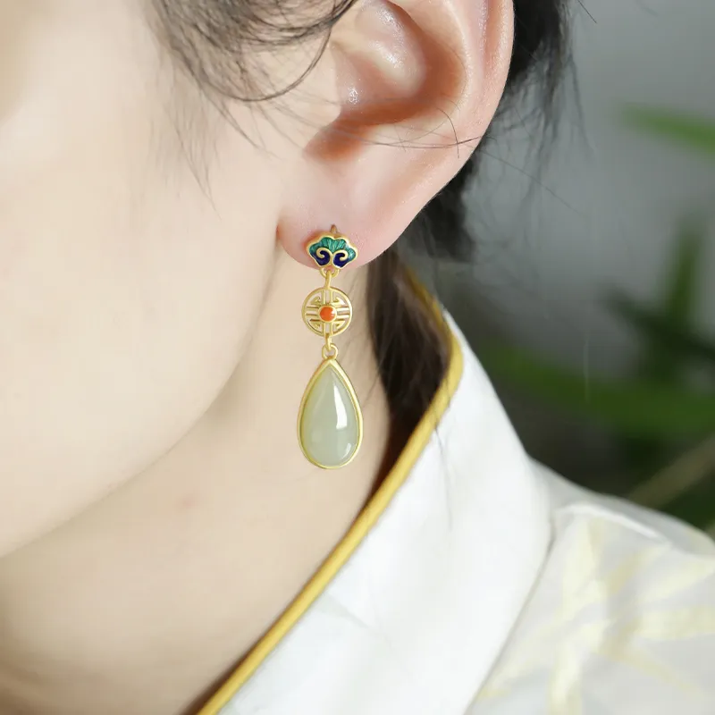 Heng Tai Jewelry Hetian Jade Earrings Pale Greenish-White Jade Women's-4