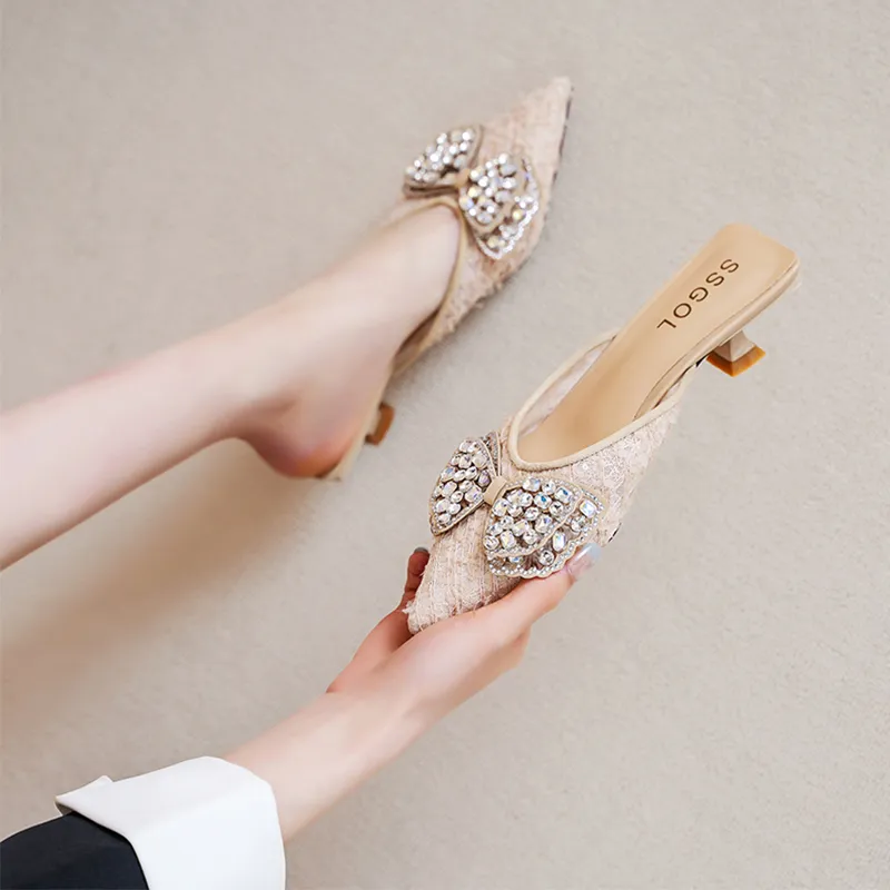 POOQ Rubber Sole Leather Patchwork Rhinestone Slip Resistant Closed Toe Slippers Women's-9