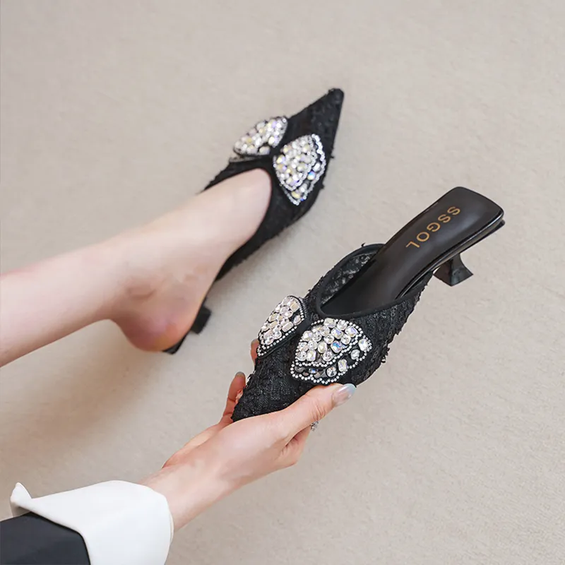 POOQ Rubber Sole Leather Patchwork Rhinestone Slip Resistant Closed Toe Slippers Women's-1