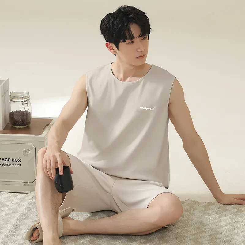 Qiao Ni Tong Pajama Set Men's Beige-3