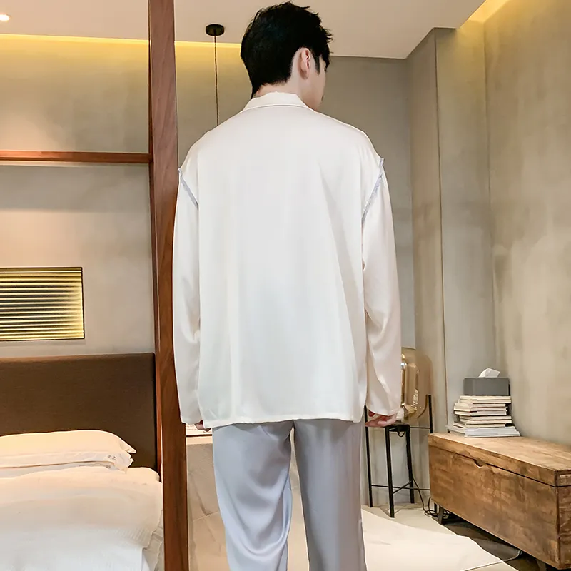 Qiao Ni Tong Pajama Set Men's White Gray-1