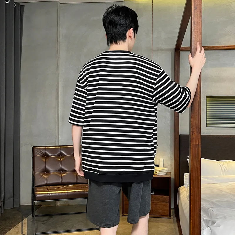 Qiao Ni Tong Pajama Set Men's Black White Stripes-1