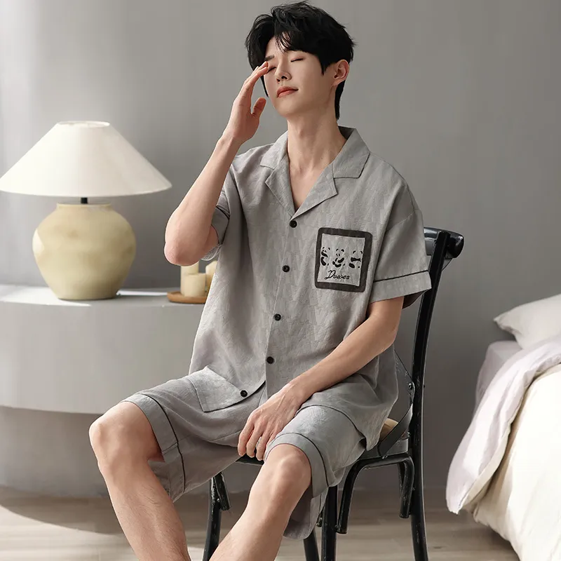 Qiao Ni Tong Pajama Set Men's Light Gray-5