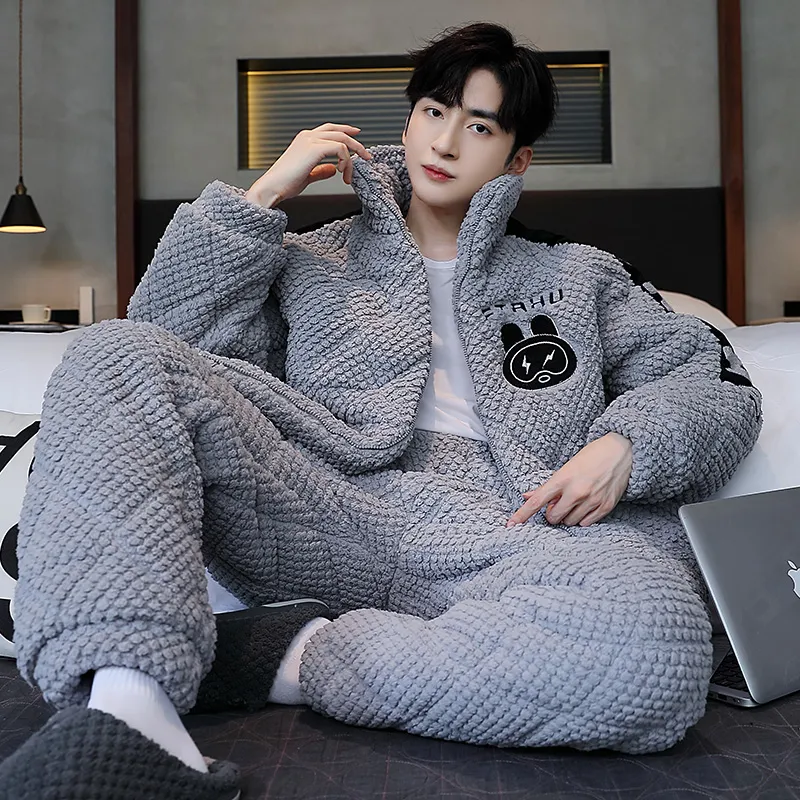 Qiao Ni Tong Pajama Set Men's Light Gray-4
