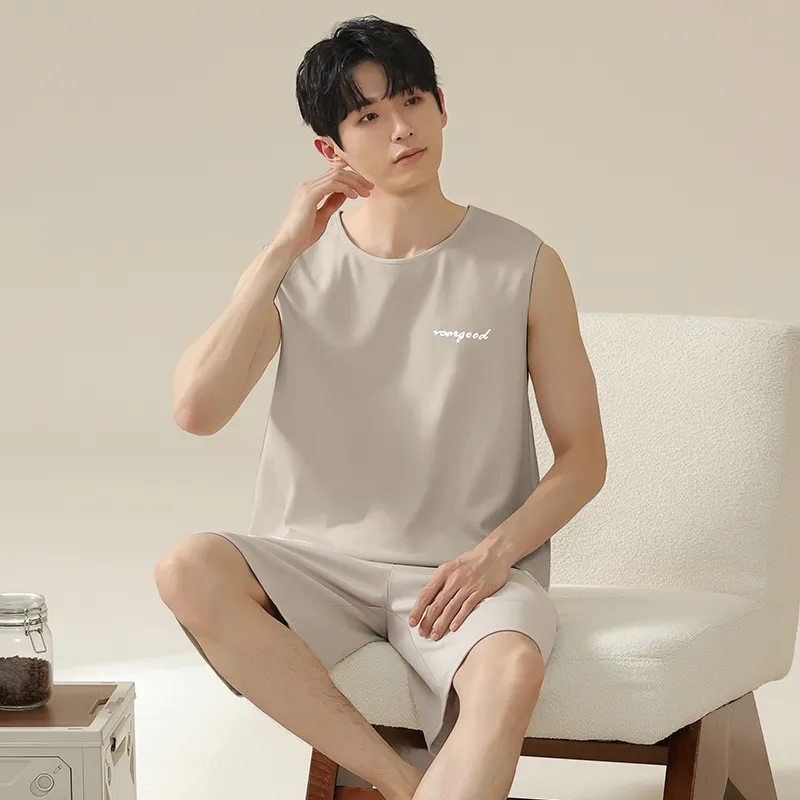 Qiao Ni Tong Pajama Set Men's Beige-2