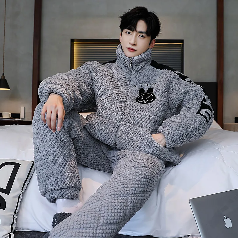 Qiao Ni Tong Pajama Set Men's Light Gray-2