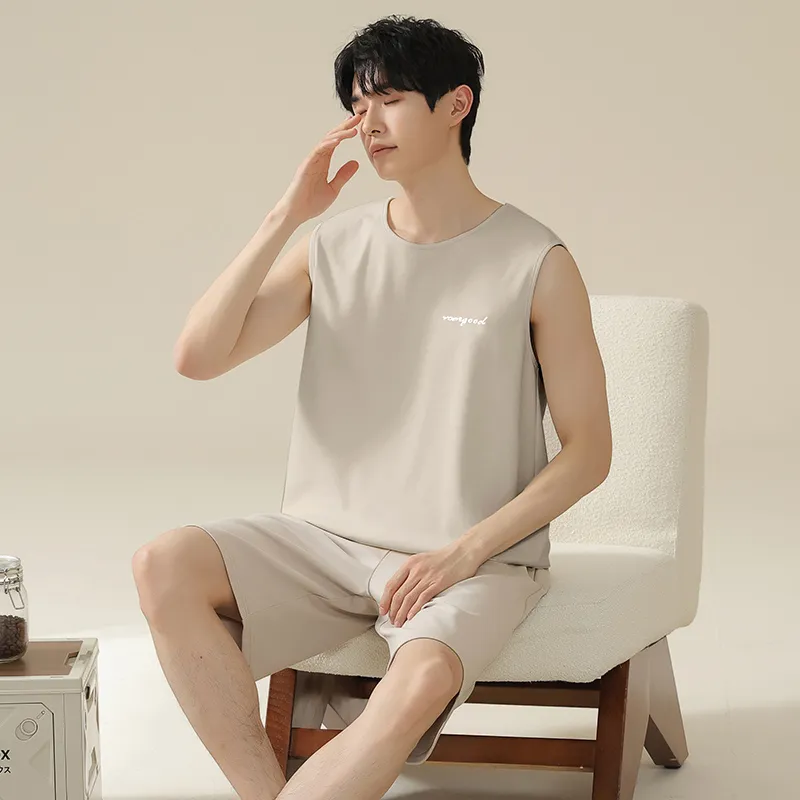 Qiao Ni Tong Pajama Set Men's Beige-1