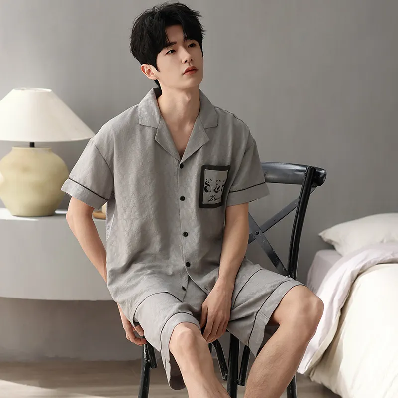 Qiao Ni Tong Pajama Set Men's Light Gray-2