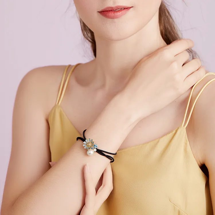 ROYALSASA 3 Strand Rubber Band, Alloy, Faux Pearl Hair Tie Women's-4