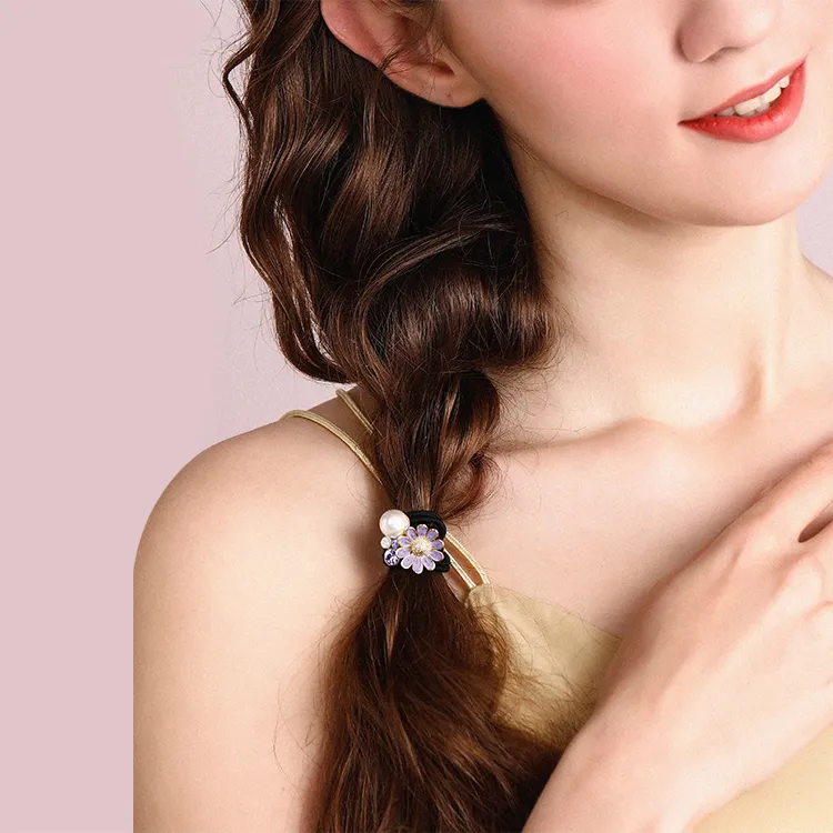 ROYALSASA 3 Strand Rubber Band, Alloy, Faux Pearl Hair Tie Women's-1