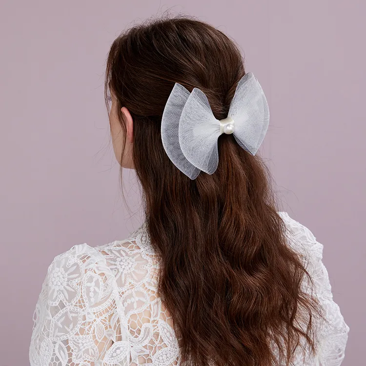 ROYALSASA Silk Chiffon, Faux Pearl Hair Clips Women's-1