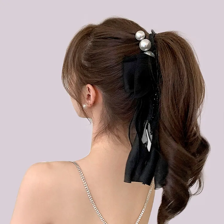 ROYALSASA Silk Chiffon, Faux Pearl Hair Clips Women's-2