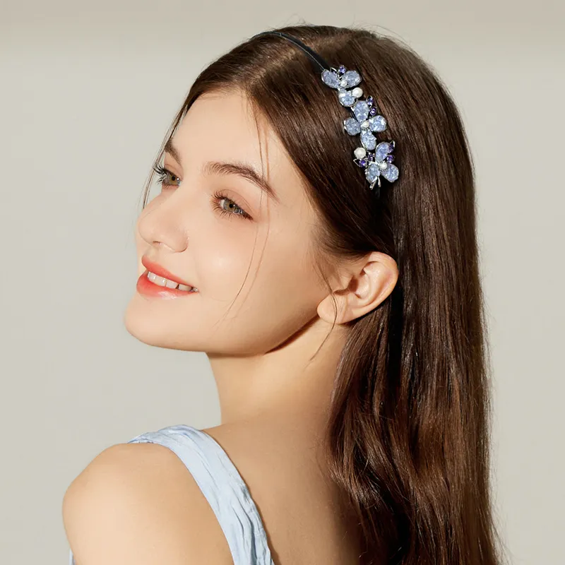 ROYALSASA Three Strand Rubber Alloy Faux Crystal Headbands Women's-2