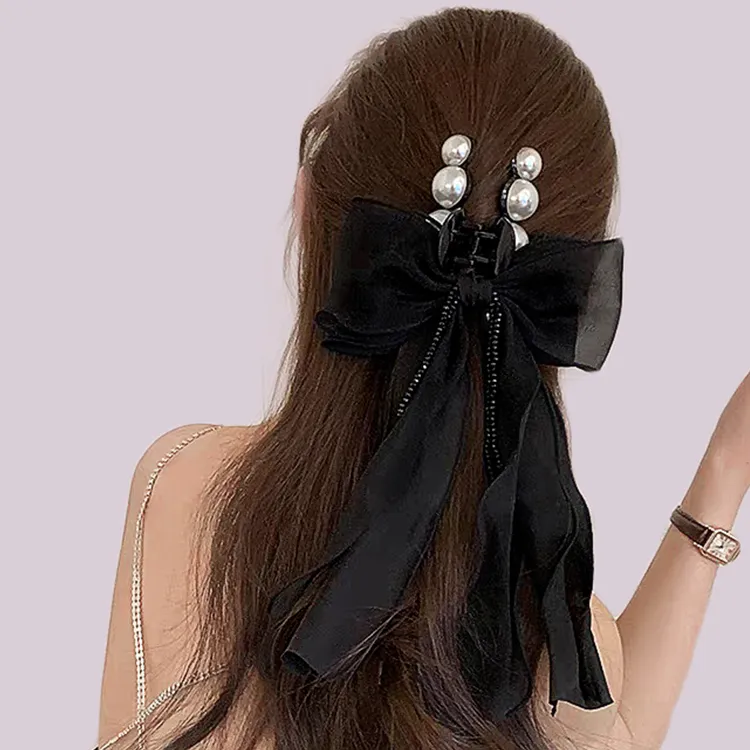 ROYALSASA Silk Chiffon, Faux Pearl Hair Clips Women's-1