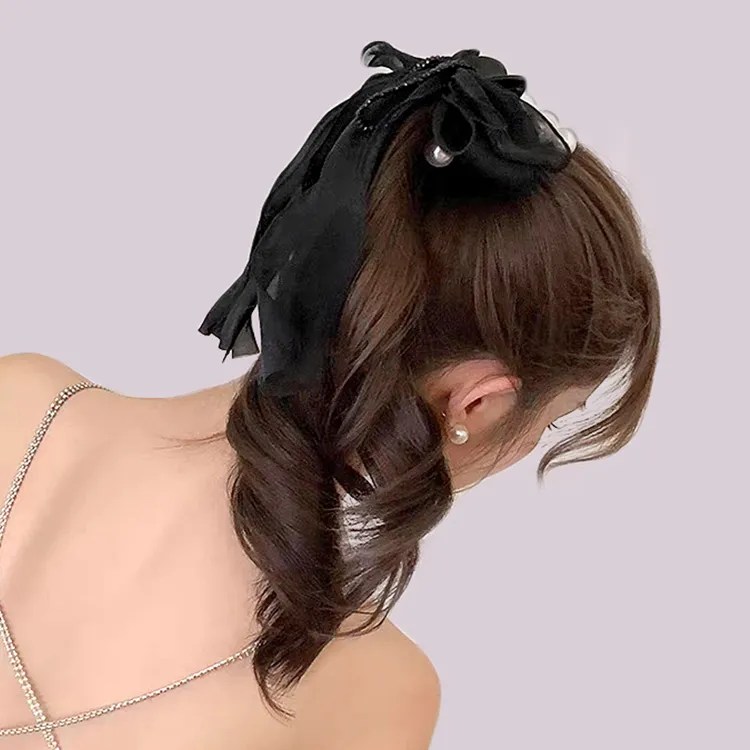 ROYALSASA Silk Chiffon, Faux Pearl Hair Clips Women's-3