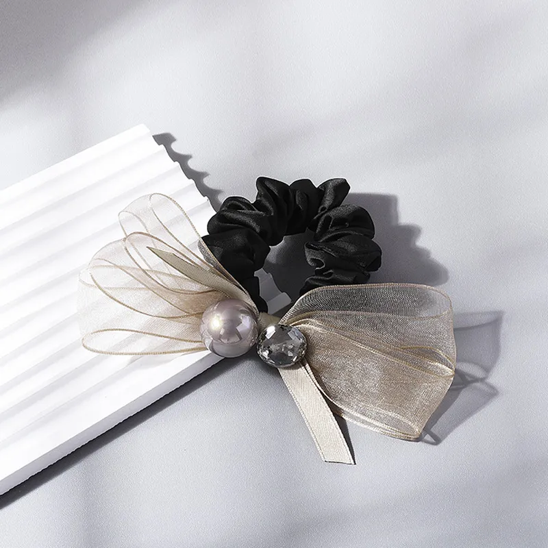ROYALSASA Silk Chiffon Faux Crystal Faux Pearl Hair Tie Women's-1