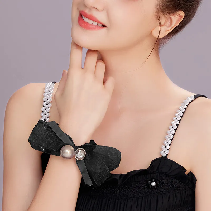 ROYALSASA Silk Chiffon Faux Crystal Faux Pearl Hair Tie Women's-4