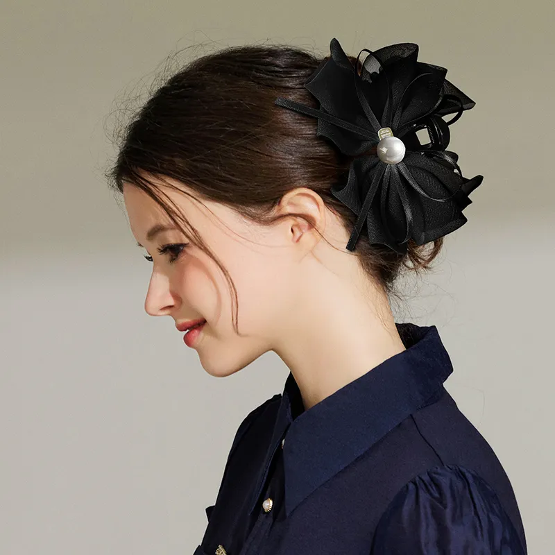 ROYALSASA Silk Chiffon, Faux Pearl Hair Clips Women's-1