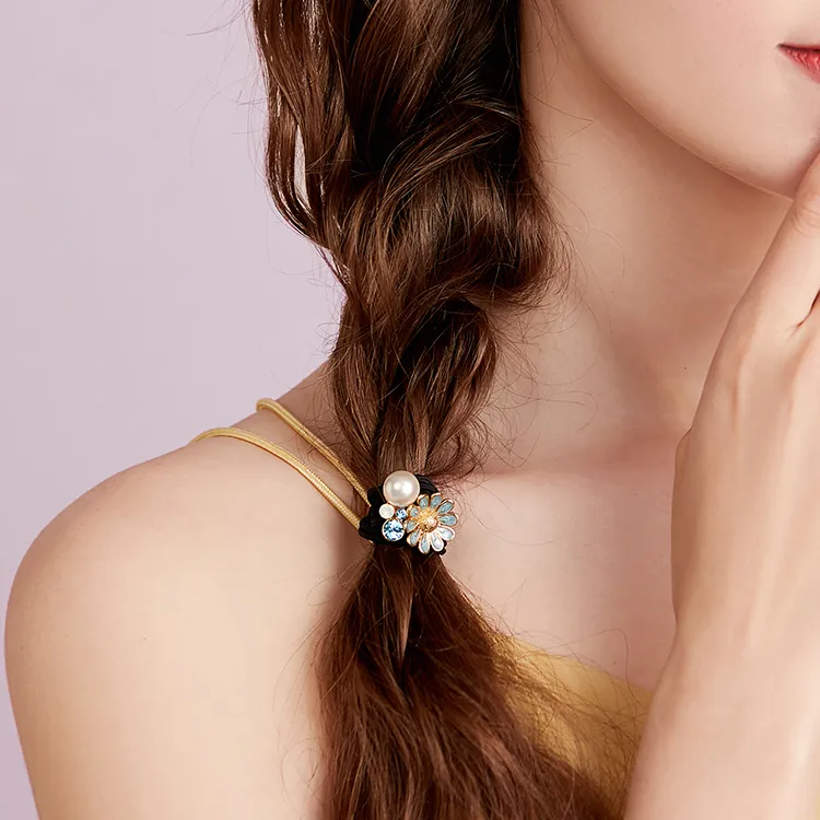 ROYALSASA 3 Strand Rubber Band, Alloy, Faux Pearl Hair Tie Women's-5