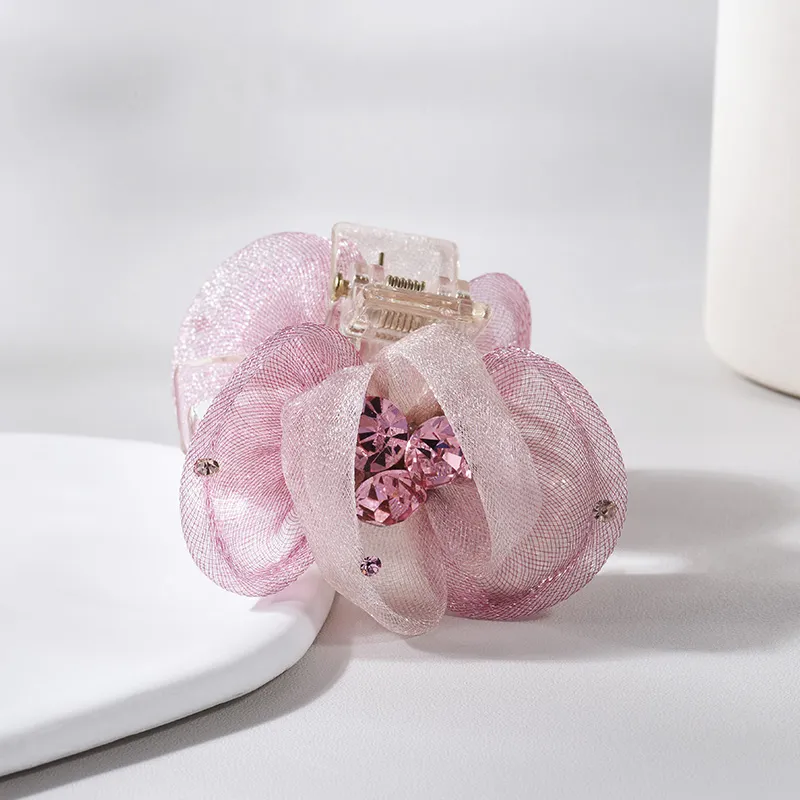 ROYALSASA Silk Chiffon Faux Crystal Acrylic Hair Claw Clip Women's-2