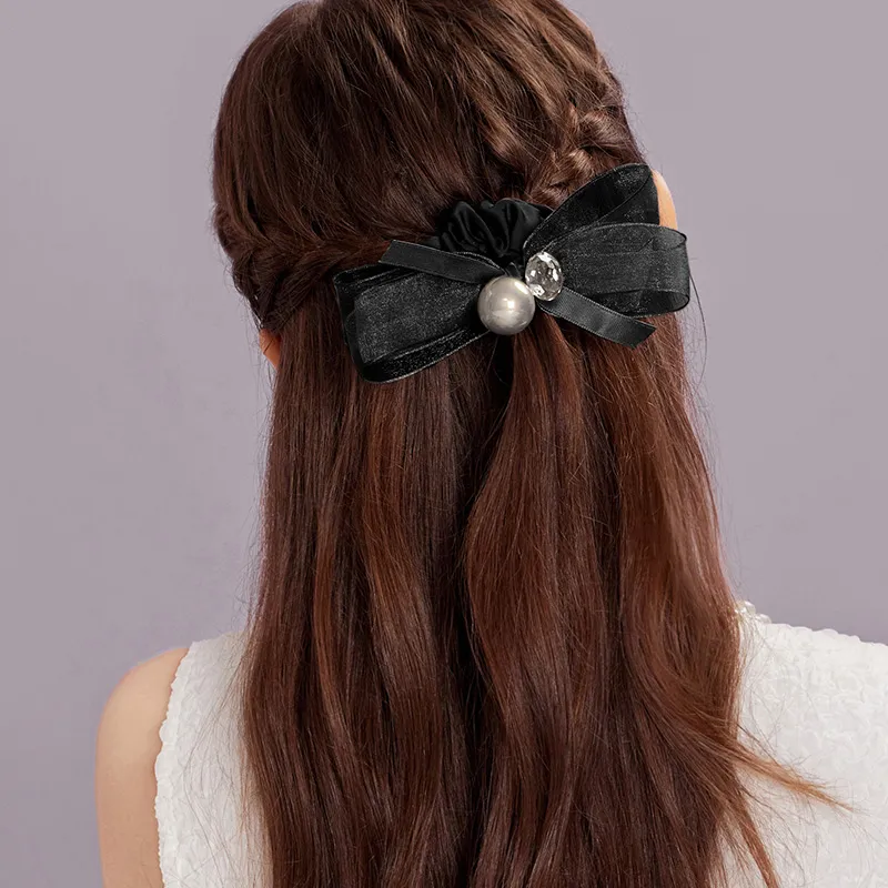 ROYALSASA Silk Chiffon Faux Crystal Faux Pearl Hair Tie Women's-3