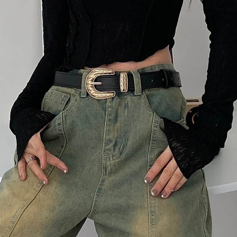 FUO Brogues Metal Fashionable Versatile Urban Chic Style Vintage With Buckle Carved Design Leather Belts Unisex-3