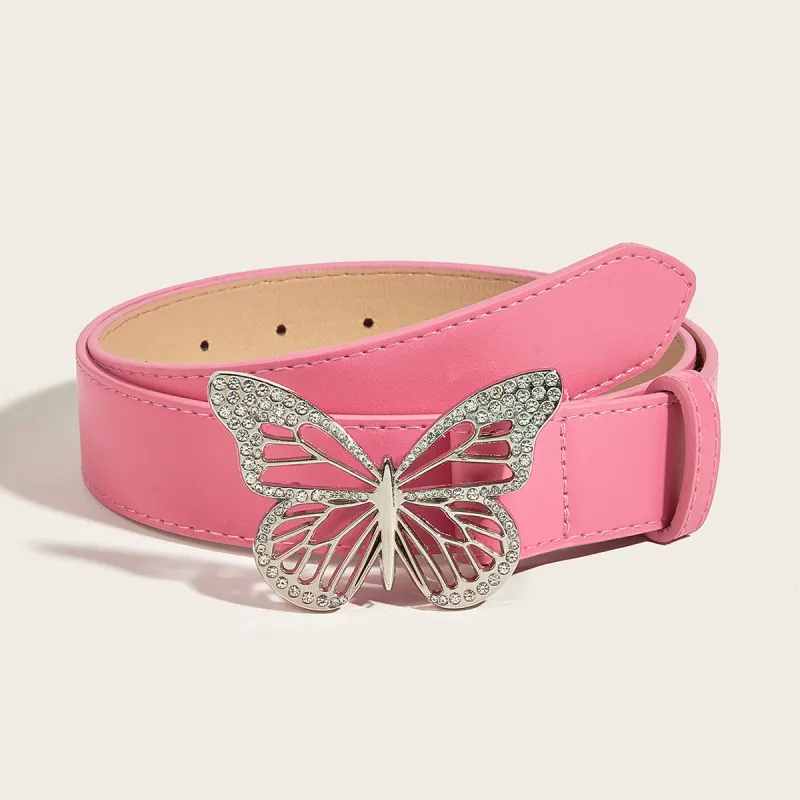 FUO Punk Style Metal Dynamic Rhinestone Butterfly Snap Closure Vintage Belt PU Leather Belts Women's Width 3.3cm-7