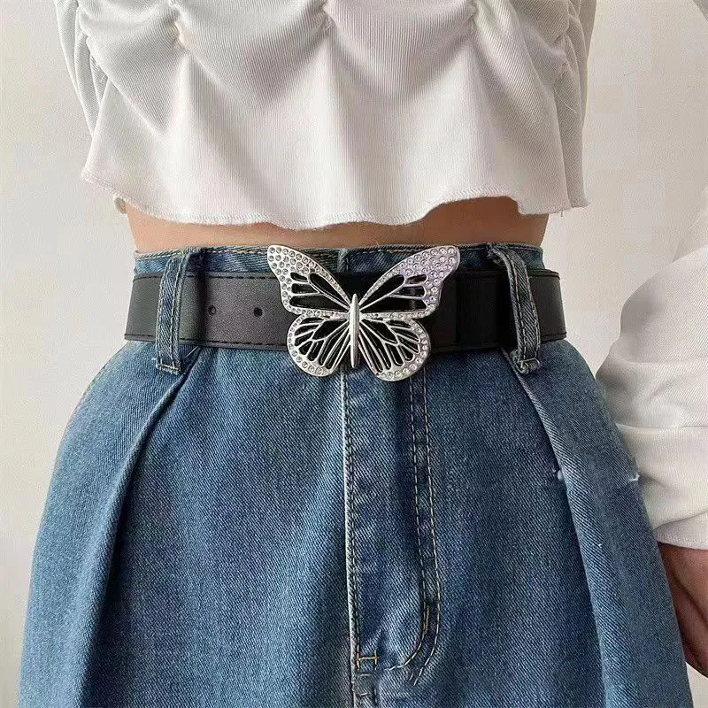 FUO Punk Style Metal Dynamic Rhinestone Butterfly Snap Closure Vintage Belt PU Leather Belts Women's Width 3.3cm-1