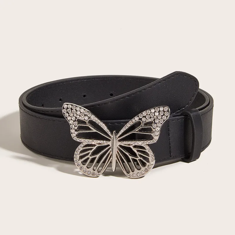 FUO Punk Style Metal Dynamic Rhinestone Butterfly Snap Closure Vintage Belt PU Leather Belts Women's Width 3.3cm-2