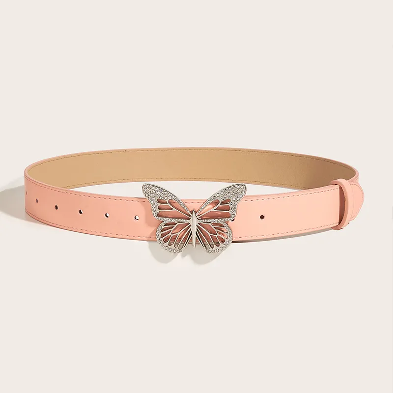 FUO Punk Style Metal Dynamic Rhinestone Butterfly Snap Closure Vintage Belt PU Leather Belts Women's Width 3.3cm-12