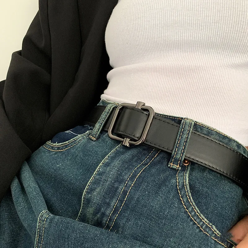 FUO No Hole Slide Buckle Design, Korean Style Pants Belt Slimming Leather Belts Unisex Width 3.3CM-4